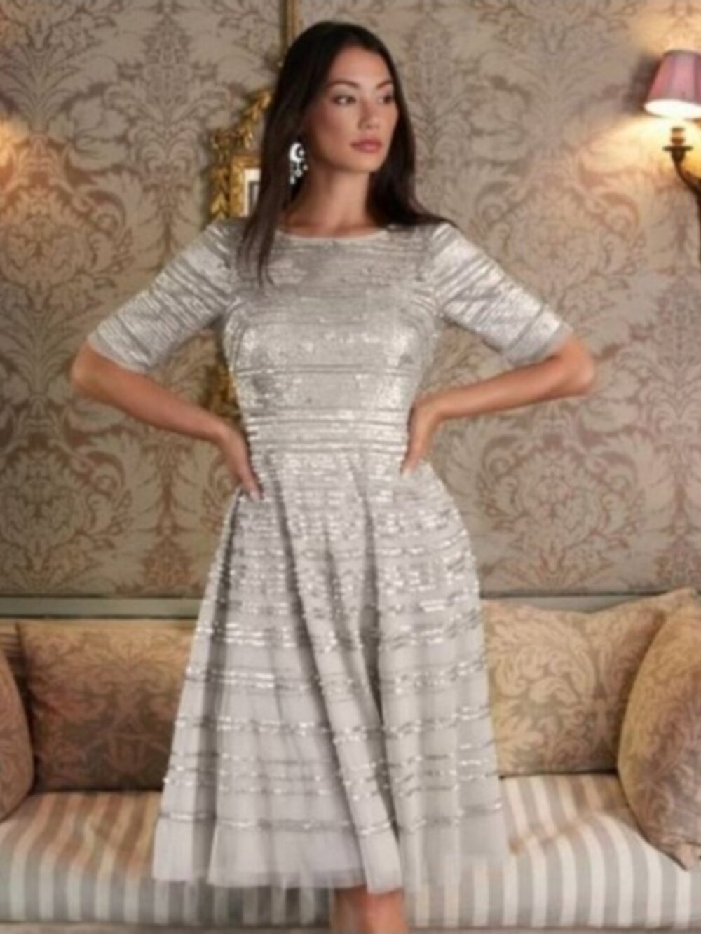 NWT Johnny Was Champagne Beaded Mesh Midi Dress Size 6
